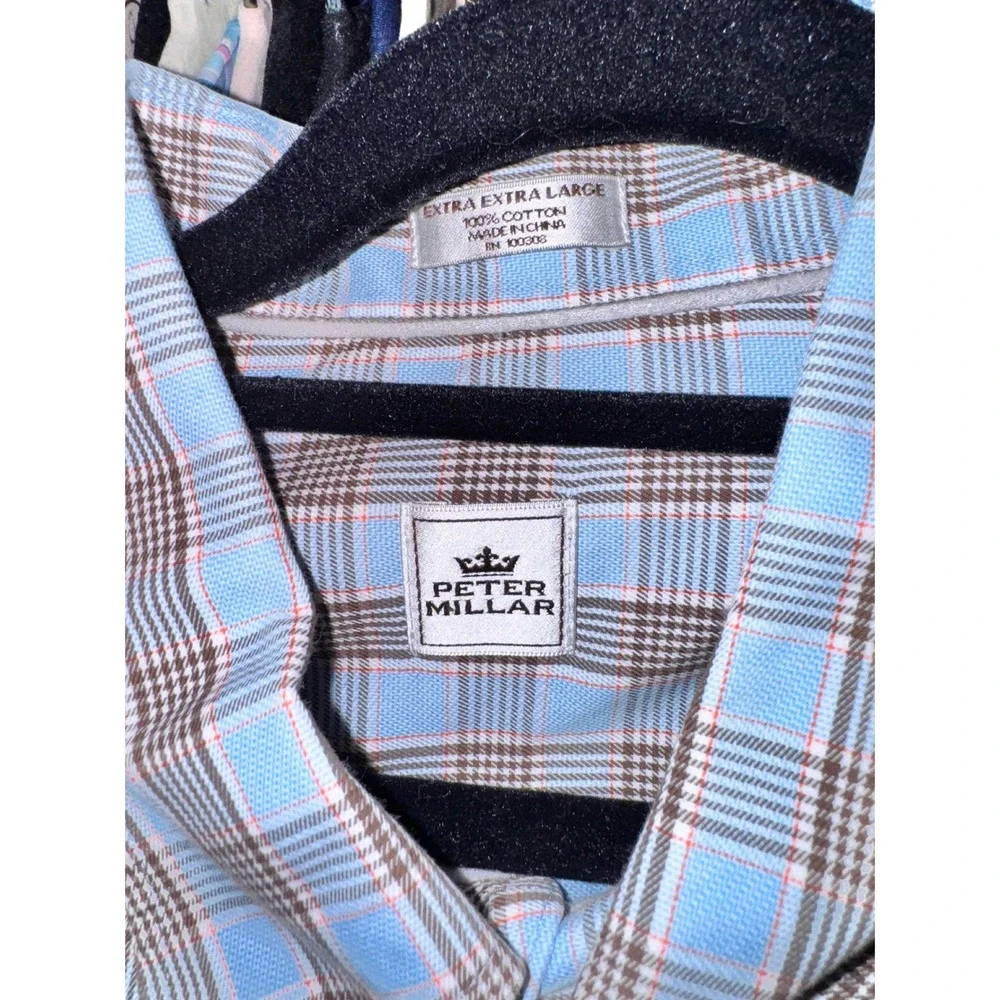 Peter Millar Mens XXL Blue Brown Plaid Button Down Long Sleeve Shirt